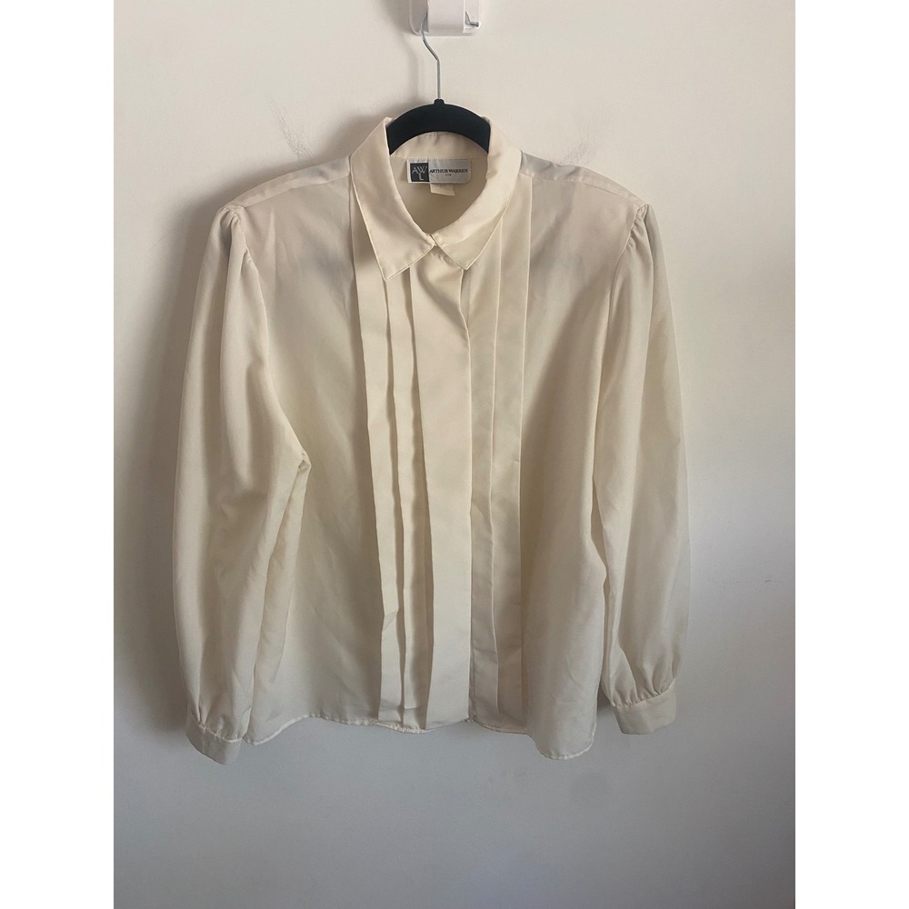 Arthur Warren Ltd Vintage Cream Pleated Front Button Down Blouse USA Made Sz 10